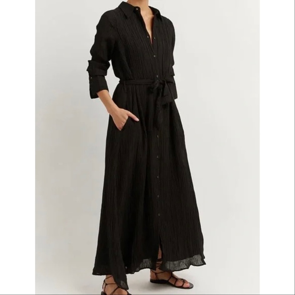 Dissh Percy Shirt Dress Size 4 Black Crinkle Linen Blend Long Sleeve Button Down